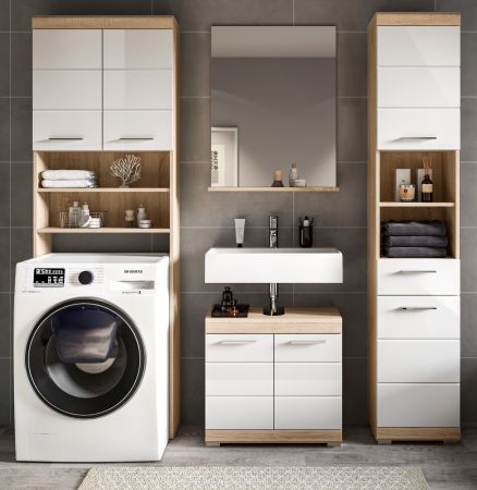 Badm�bel Set 4-teilig Mambo in wei� Hochglanz und Sonoma Eiche Badkombination 190 x 191 cm