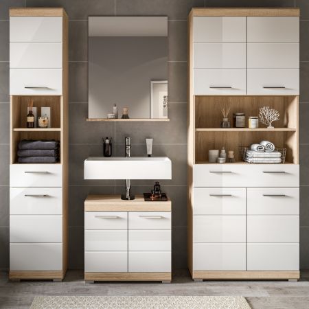 Badm�bel Set 4-teilig Mambo in wei� Hochglanz und Sonoma Eiche Badkombination 186 x 191 cm