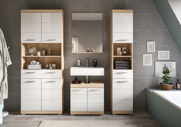 Badm�bel Set 4-teilig Mambo in wei� Hochglanz und Sonoma Eiche Badkombination 186 x 191 cm