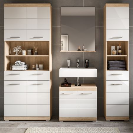 Badm�bel Set 4-teilig Mambo in wei� Hochglanz und Sonoma Eiche Badkombination 186 x 191 cm