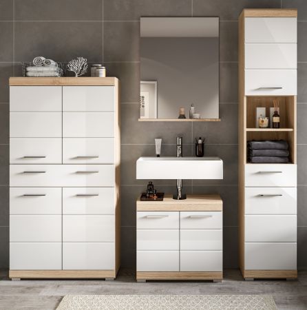 Badm�bel Set 4-teilig Mambo in wei� Hochglanz und Sonoma Eiche Badkombination 186 x 191 cm