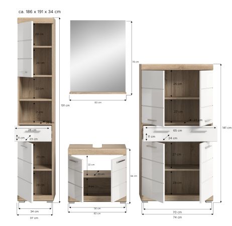 Badm�bel Set 4-teilig Mambo in wei� Hochglanz und Sonoma Eiche Badkombination 186 x 191 cm