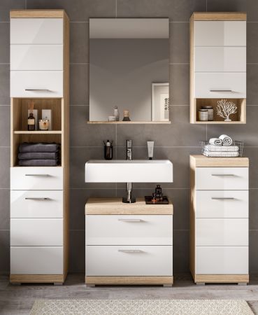 Badm�bel Set 5-teilig Mambo in wei� Hochglanz und Sonoma Eiche Badkombination 164 x 191 cm