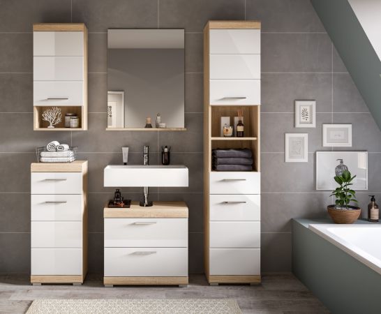 Badm�bel Set 5-teilig Mambo in wei� Hochglanz und Sonoma Eiche Badkombination 164 x 191 cm