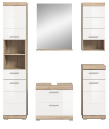 Badm�bel Set 5-teilig Mambo in wei� Hochglanz und Sonoma Eiche Badkombination 164 x 191 cm