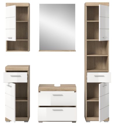 Badm�bel Set 5-teilig Mambo in wei� Hochglanz und Sonoma Eiche Badkombination 164 x 191 cm