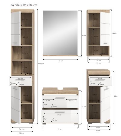 Badm�bel Set 5-teilig Mambo in wei� Hochglanz und Sonoma Eiche Badkombination 164 x 191 cm