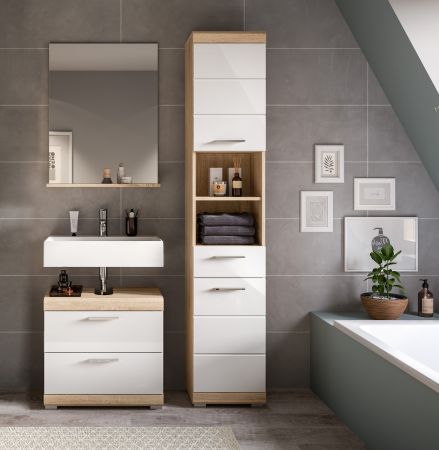 Badm�bel Set 3-teilig Mambo in wei� Hochglanz und Sonoma Eiche Badkombination 112 x 191 cm