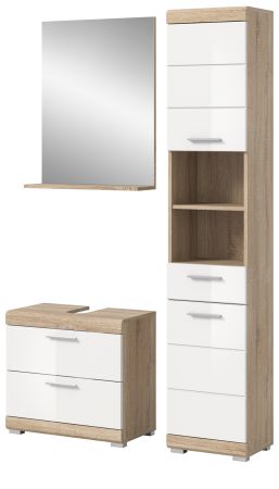 Badm�bel Set 3-teilig Mambo in wei� Hochglanz und Sonoma Eiche Badkombination 112 x 191 cm