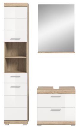 Badm�bel Set 3-teilig Mambo in wei� Hochglanz und Sonoma Eiche Badkombination 112 x 191 cm