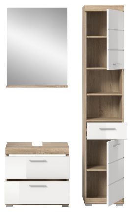 Badm�bel Set 3-teilig Mambo in wei� Hochglanz und Sonoma Eiche Badkombination 112 x 191 cm