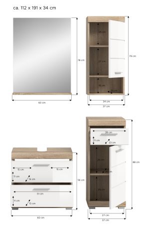 Badm�bel Set 4-teilig Mambo in wei� Hochglanz und Sonoma Eiche Badkombination 112 x 191 cm