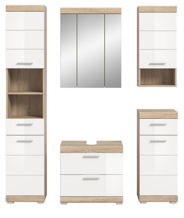 Badm�bel Set 5-teilig Mambo in wei� Hochglanz und Sonoma Eiche Badkombination 164 x 191 cm