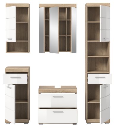 Badm�bel Set 5-teilig Mambo in wei� Hochglanz und Sonoma Eiche Badkombination 164 x 191 cm