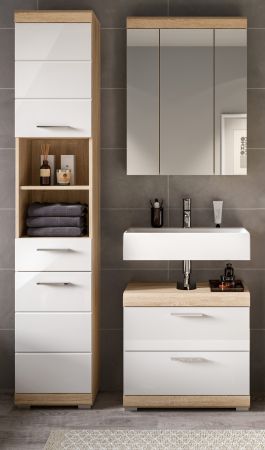 Badm�bel Set 3-teilig Mambo in wei� Hochglanz und Sonoma Eiche Badkombination 112 x 191 cm