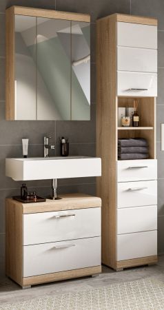 Badm�bel Set 3-teilig Mambo in wei� Hochglanz und Sonoma Eiche Badkombination 112 x 191 cm