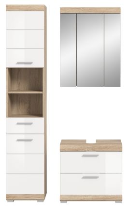 Badm�bel Set 3-teilig Mambo in wei� Hochglanz und Sonoma Eiche Badkombination 112 x 191 cm