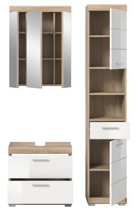 Badm�bel Set 3-teilig Mambo in wei� Hochglanz und Sonoma Eiche Badkombination 112 x 191 cm