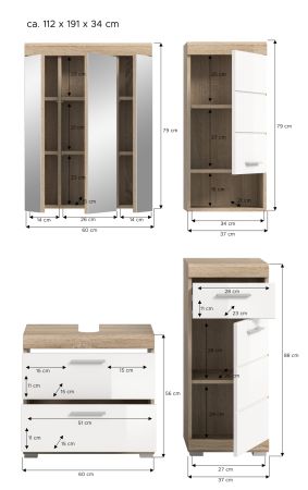 Badm�bel Set 4-teilig Mambo in wei� Hochglanz und Sonoma Eiche Badkombination 112 x 191 cm
