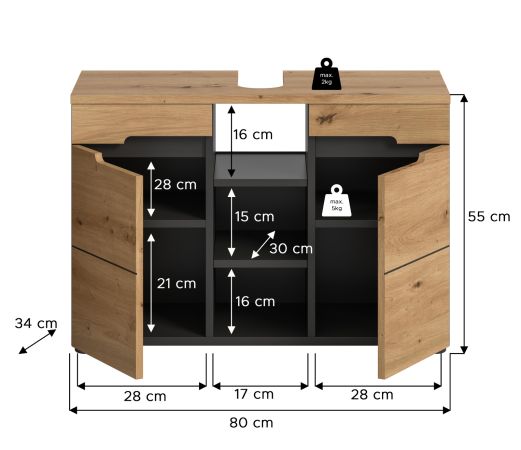 Waschbeckenunterschrank Cooper in Artisan Eiche und grau Badschrank 80 cm, Soft-Close