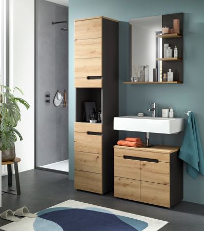 Badezimmer Spiegel Cooper in Artisan Eiche und grau Badspiegel mit Ablage 63 x 73 cm