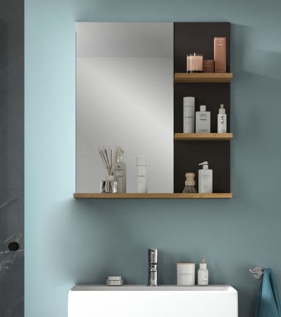 Badezimmer Spiegel Cooper in Artisan Eiche und grau Badspiegel mit Ablage 63 x 73 cm