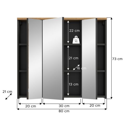Badezimmer Spiegelschrank Cooper in Artisan Eiche und grau Badschrank 3-t�rig 80 cm, Soft-Close