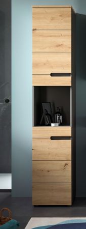 Badezimmer Hochschrank Cooper in Artisan Eiche und grau Badschrank 38 x 193 cm, Soft-Close