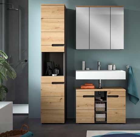 Badezimmer Hochschrank Cooper in Artisan Eiche und grau Badschrank 38 x 193 cm, Soft-Close