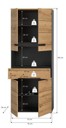 Badezimmer Hochschrank Cooper in Artisan Eiche und grau Badschrank 76 x 193 cm, Soft-Close