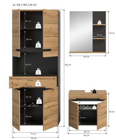 Badm�bel Set 3-teilig Cooper in Artisan Eiche und grau Badkombination 154 x 193 cm, Soft-Close