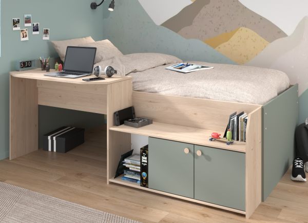 Parisot Hochbett Matre in Jackson Eiche und gr�n Kinder- und Jugendzimmer Bett mit Stauraum