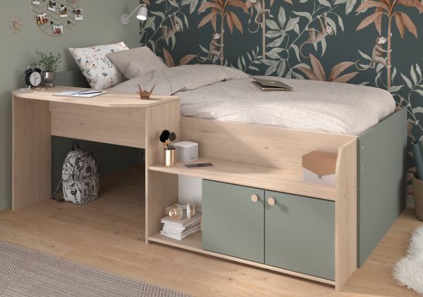 Parisot Hochbett Matre in Jackson Eiche und gr�n Kinder- und Jugendzimmer Bett mit Stauraum