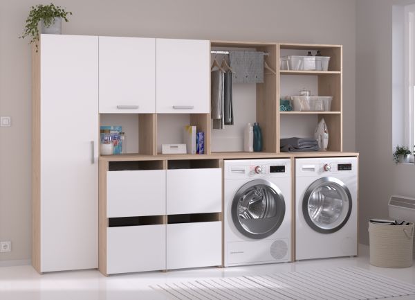 Waschmaschinenschrank Laundry in wei� und Jackson Eiche Set 4-teilig 268 x 184 cm