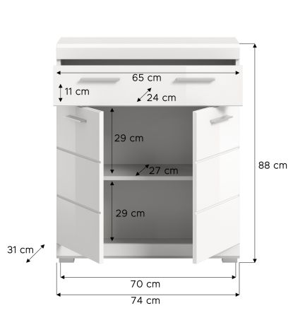 Badezimmer Kommode Shawn in wei� Hochglanz Badschrank 74 x 88 cm