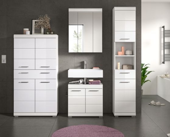 Badezimmer Midischrank Shawn in wei� Hochglanz Badschrank 74 x 141 cm