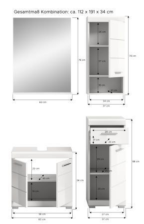 Badm�bel Set 4-teilig Shawn in wei� Hochglanz Badkombination 112 x 191 cm