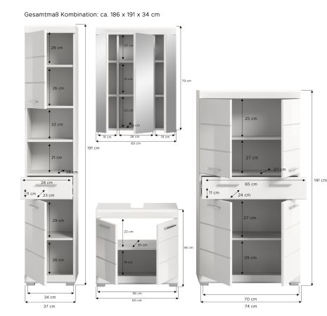 Badm�bel Set 4-teilig Shawn in wei� Hochglanz Badkombination 200 x 191 cm