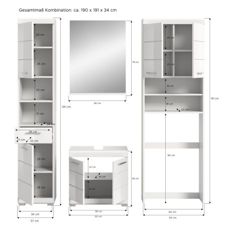 Badm�bel Set 4-teilig Shawn in wei� Hochglanz Badkombination 190 x 191 cm