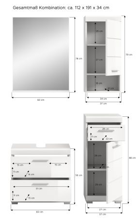 Badm�bel Set 4-teilig Shawn in wei� Hochglanz Badkombination 112 x 191 cm