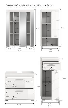 Badm�bel Set 4-teilig Shawn in wei� Hochglanz Badkombination 112 x 191 cm
