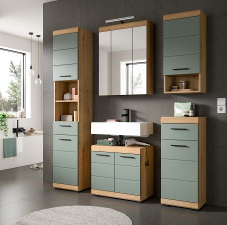 Badezimmer Kommode Shawn in Salbei gr�n und Artisan Eiche Badschrank 37 x 88 cm