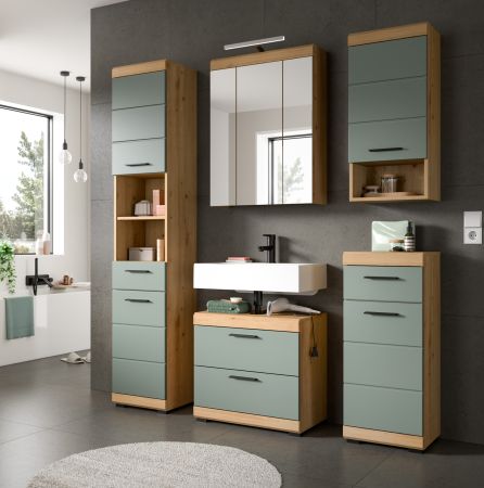 Badezimmer Kommode Shawn in Salbei und Artisan Eiche Badschrank 74 x 88 cm