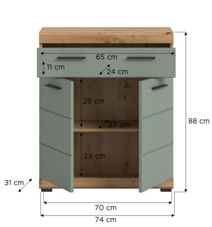 Badezimmer Kommode Shawn in Salbei und Artisan Eiche Badschrank 74 x 88 cm