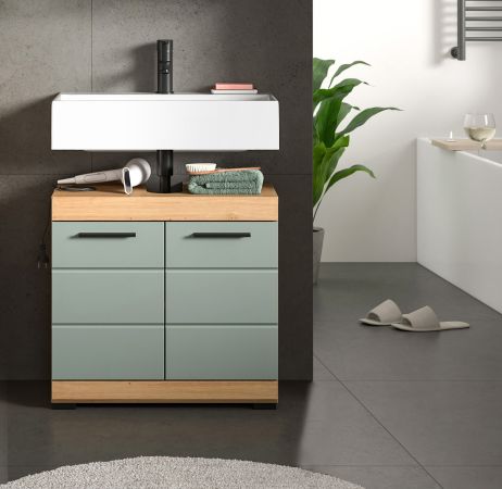 Waschbeckenunterschrank Shawn in Salbei und Artisan Eiche Badezimmer Unterschrank 60 cm