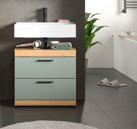 Waschbeckenunterschrank Shawn in Salbei und Artisan Eiche Badezimmer Unterschrank 60 cm