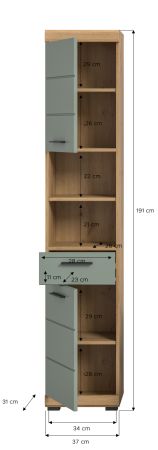 Badezimmer Hochschrank Shawn in Salbei und Artisan Eiche Badschrank 37 x 191 cm