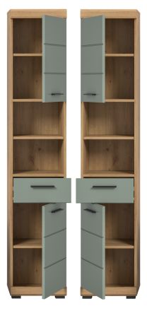 Badezimmer Hochschrank Shawn in Salbei und Artisan Eiche Badschrank 37 x 191 cm
