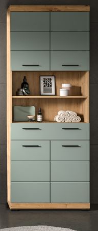 Badezimmer Hochschrank Shawn in Salbei und Artisan Eiche Badschrank 74 x 191 cm
