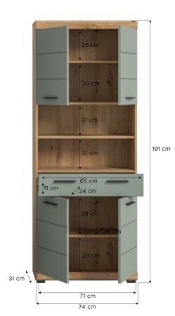 Badezimmer Hochschrank Shawn in Salbei und Artisan Eiche Badschrank 74 x 191 cm